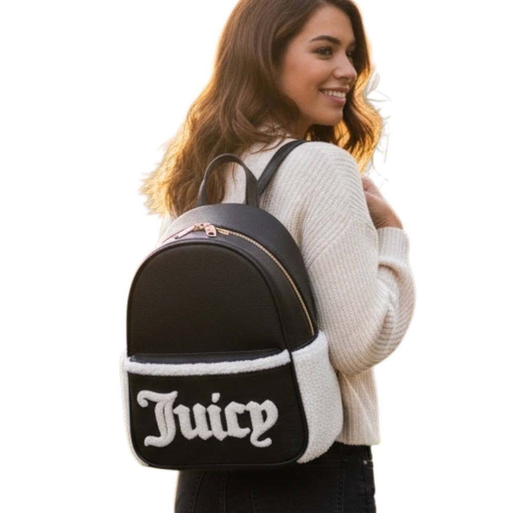 JUICY COUTURE Black White Sherpa Backpack Logo Lining R $150